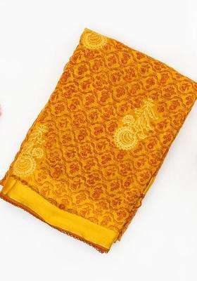 Mustard Handwoven Banarasi Georgette Silk Saree Printed With Floral Motifs For Women