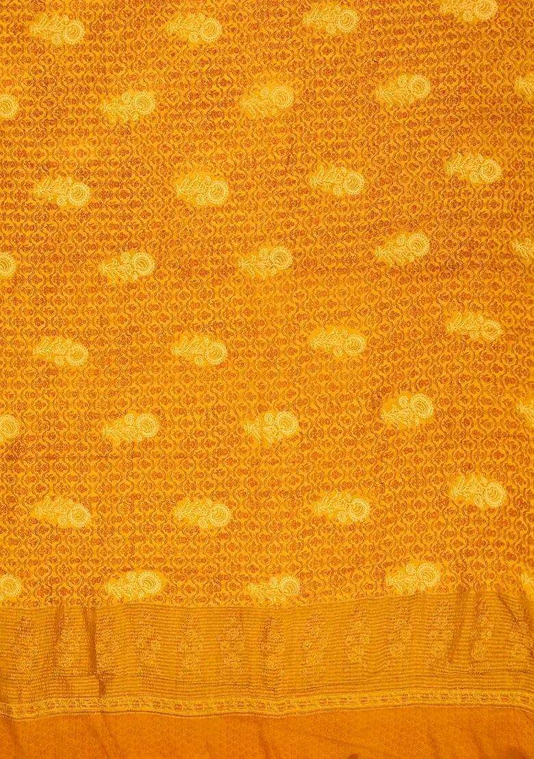 Mustard Handwoven Banarasi Georgette Silk Saree Printed With Floral Motifs For Women - Indya