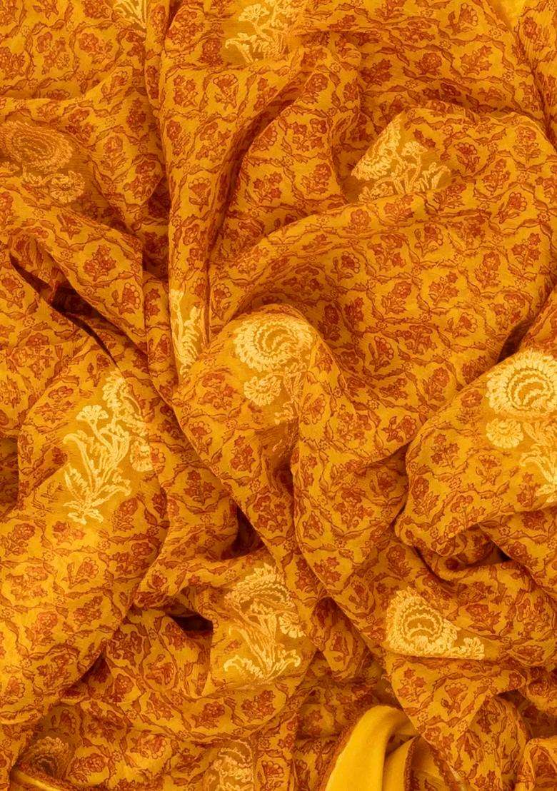 Mustard Handwoven Banarasi Georgette Silk Saree Printed With Floral Motifs For Women - Indya