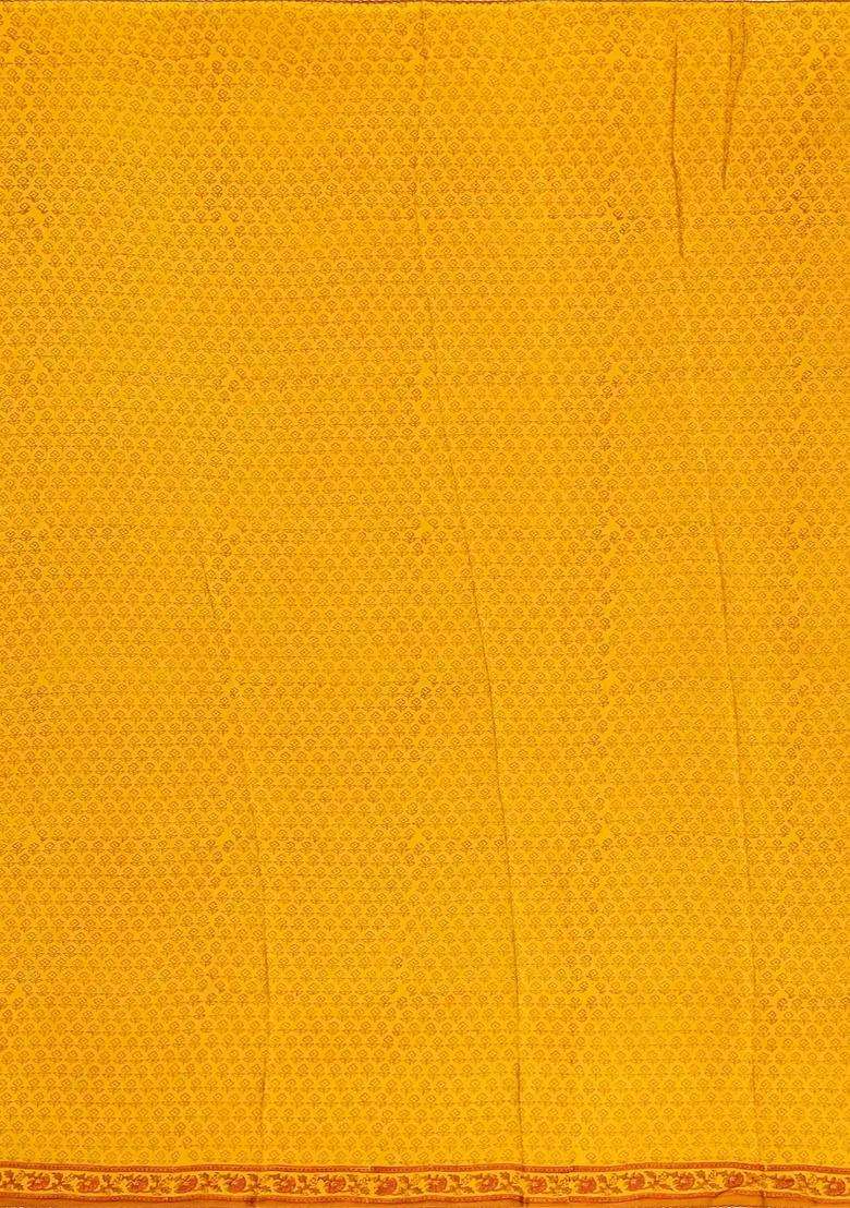 Mustard Handwoven Banarasi Georgette Silk Saree Printed With Floral Motifs For Women - Indya