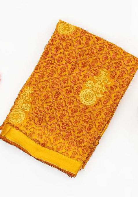Mustard Handwoven Banarasi Georgette Silk Saree Printed With Floral Motifs For Women