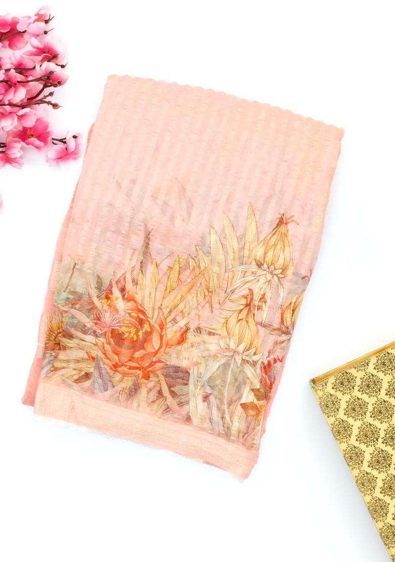 Light Peach Handwoven Banarasi Georgette Silk Saree Printed With Bird Motifs For Women - Indya