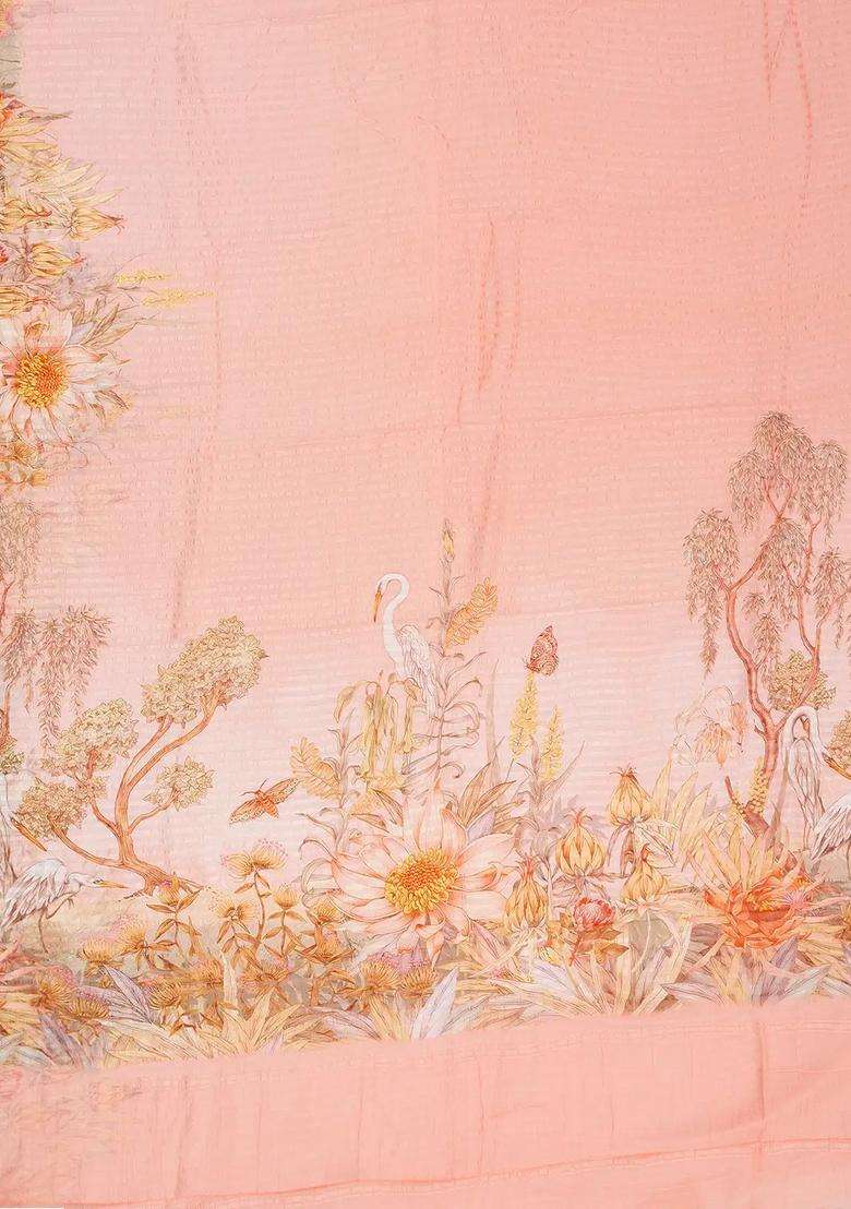 Light Peach Handwoven Banarasi Georgette Silk Saree Printed With Bird Motifs For Women - Indya