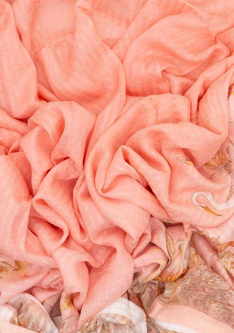 Light Peach Handwoven Banarasi Georgette Silk Saree Printed With Bird Motifs For Women - Indya