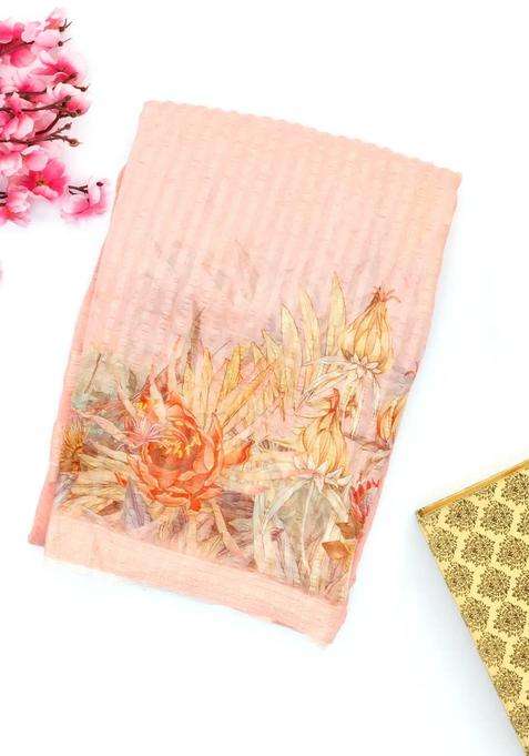 Light Peach Handwoven Banarasi Georgette Silk Saree Printed With Bird Motifs For Women