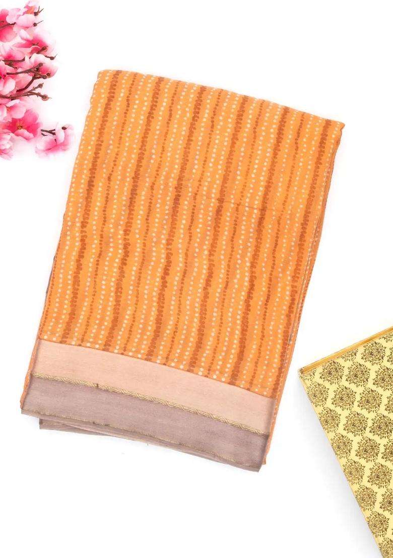 Orange Handwoven Banarasi Georgette Silk Saree With Dotted Motifs With Printed Design For Women - Indya