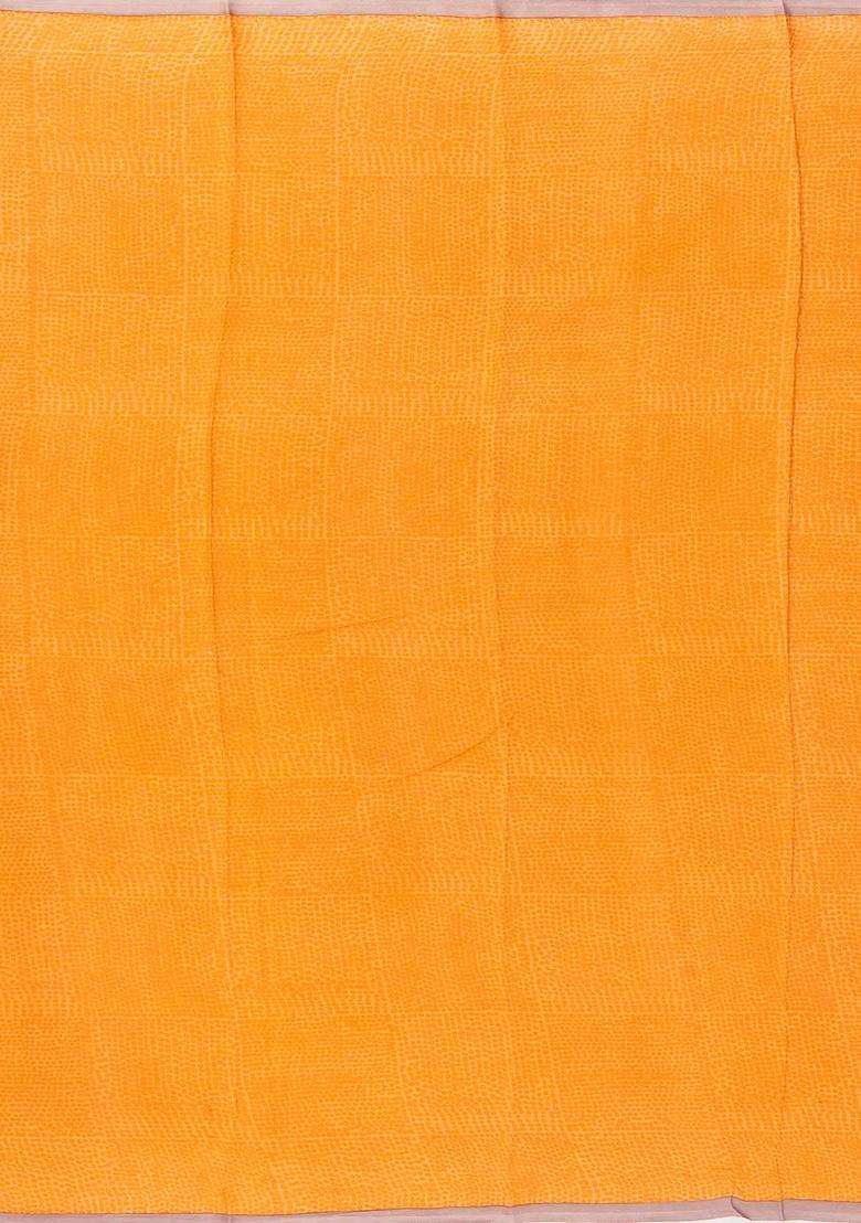 Orange Handwoven Banarasi Georgette Silk Saree With Dotted Motifs With Printed Design For Women - Indya
