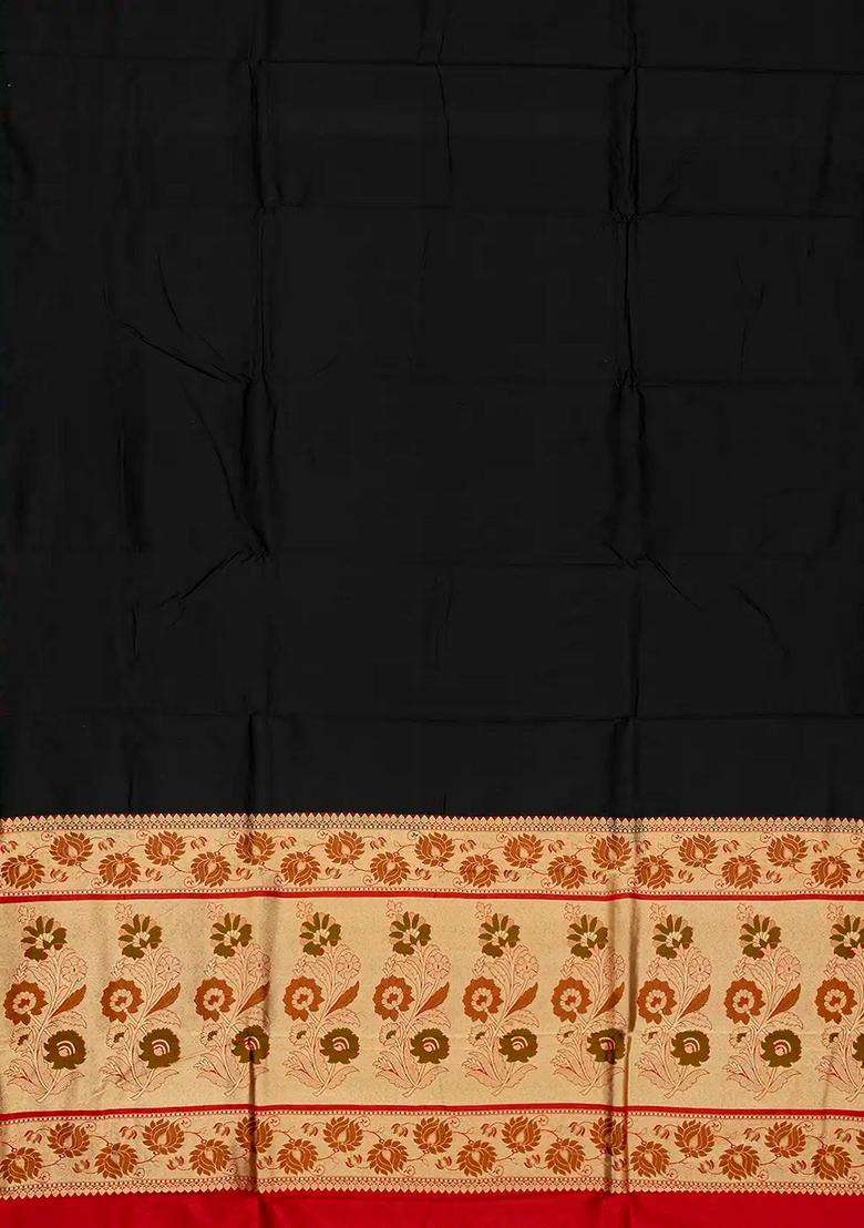 Black Handloom Plain Banarasi Silk Saree With Red Border With Traditional Woven Design For Women - Indya