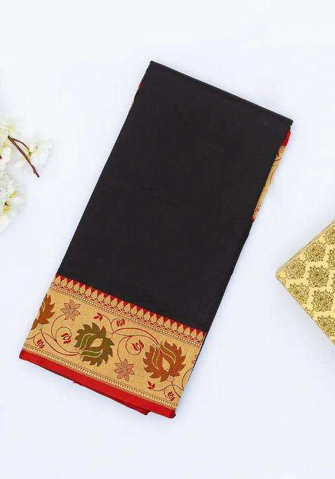 Black Handloom Plain Banarasi Silk Saree With Red Border With Traditional Woven Design For Women