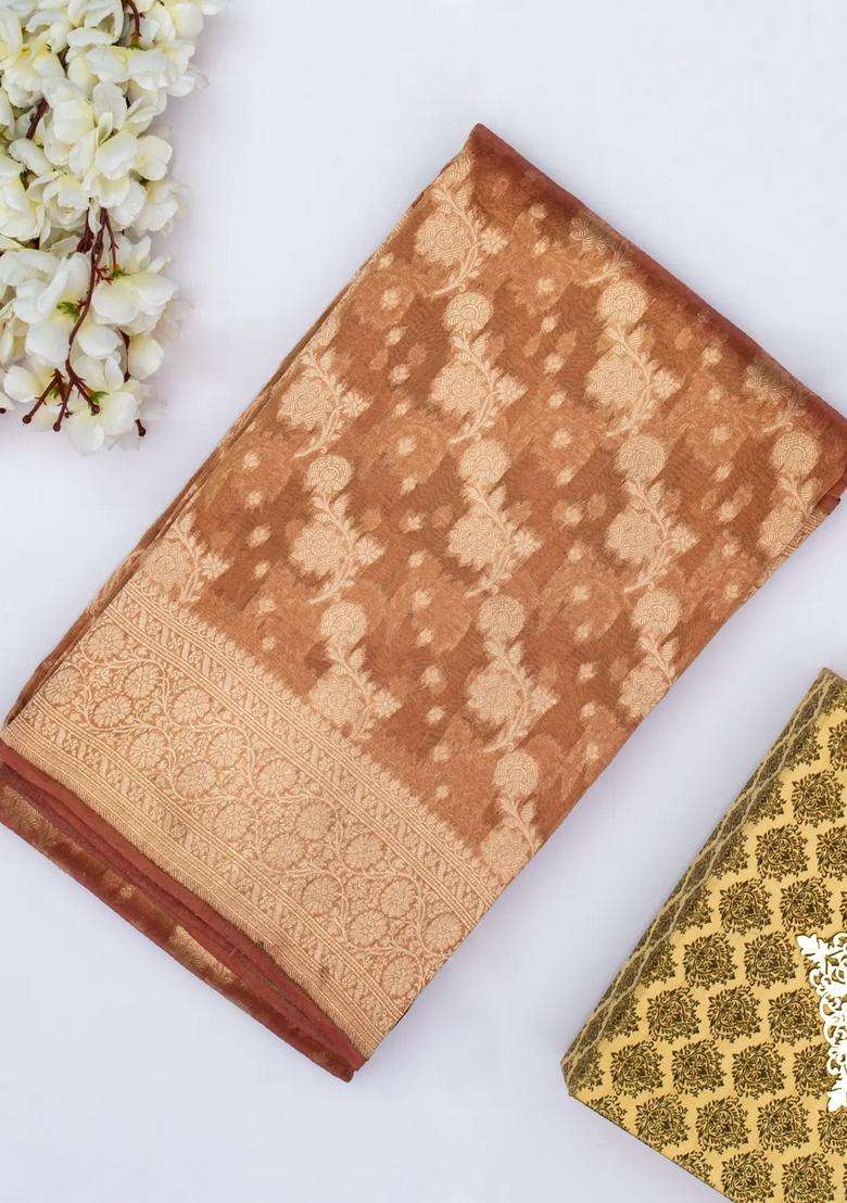 Peach Banarasi Tissue Silk Saree With Floral Motifs With Buttas And Brocade Design For Women - Indya