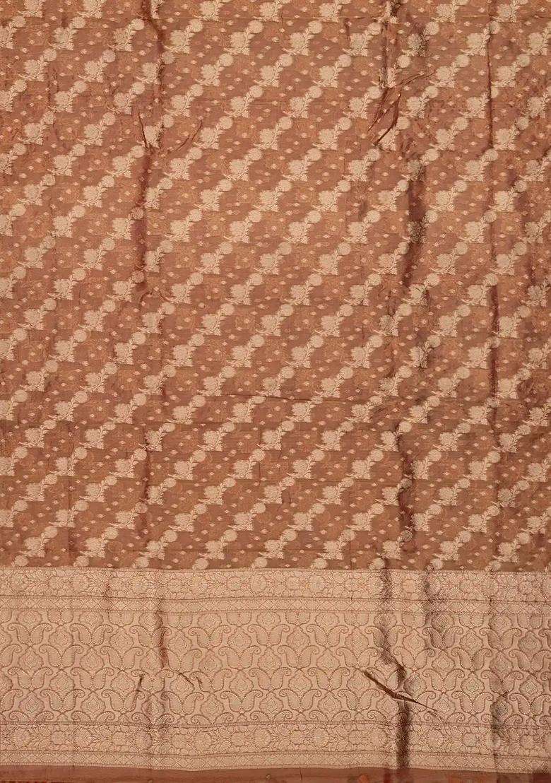 Peach Banarasi Tissue Silk Saree With Floral Motifs With Buttas And Brocade Design For Women - Indya