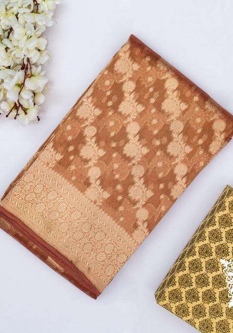 Peach Banarasi Tissue Silk Saree With Floral Motifs With Buttas And Brocade Design For Women