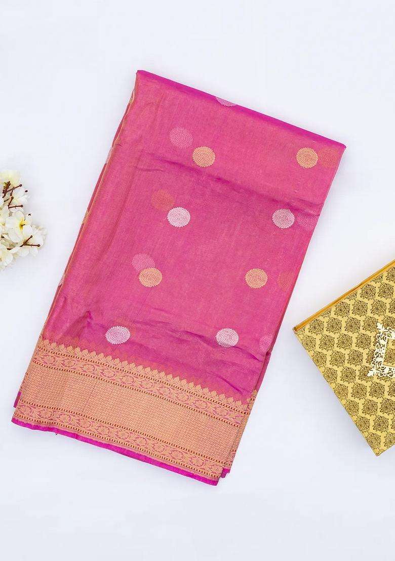 Peach Handwoven Banarasi Tissue Silk Saree With Chakaram Motifs With Buttas And Brocade Design For Women - Indya