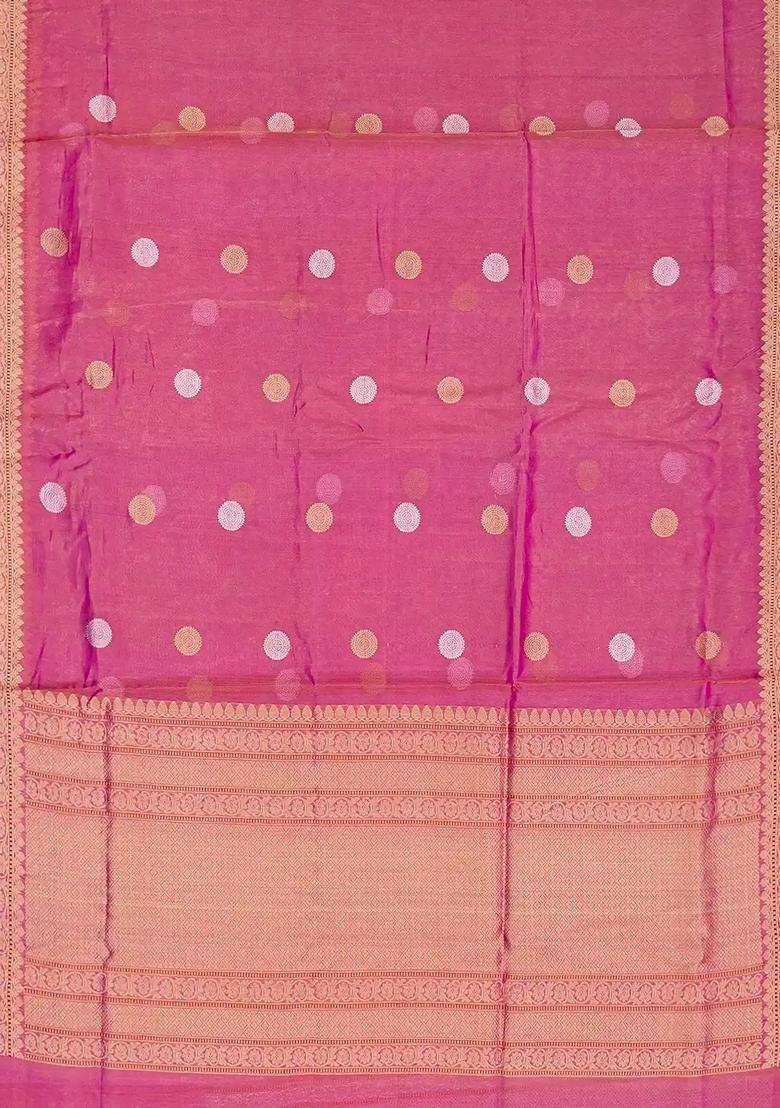 Peach Handwoven Banarasi Tissue Silk Saree With Chakaram Motifs With Buttas And Brocade Design For Women - Indya