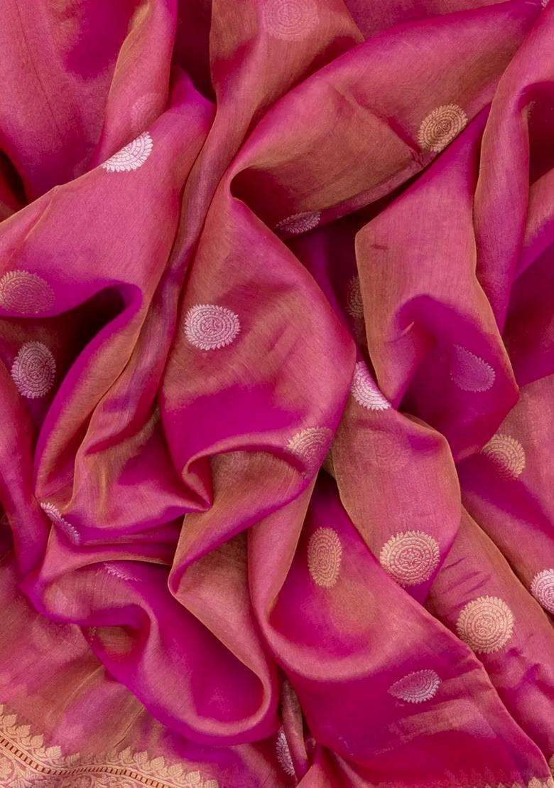 Peach Handwoven Banarasi Tissue Silk Saree With Chakaram Motifs With Buttas And Brocade Design For Women - Indya