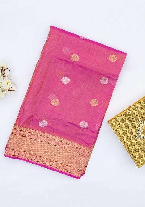 Peach Handwoven Banarasi Tissue Silk Saree With Chakaram Motifs With Buttas And Brocade Design For Women
