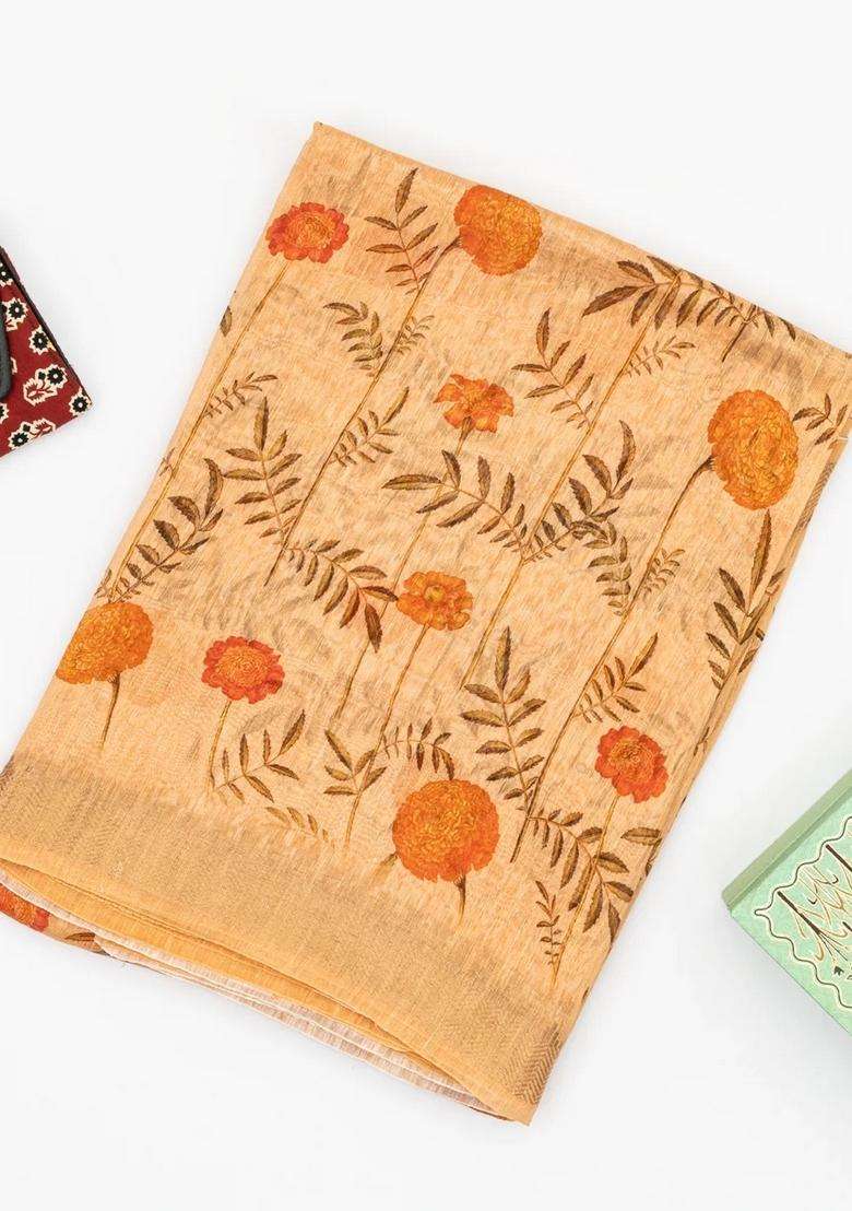 Sandal Handwoven Linen Saree Printed With Floral Motifs For Women - Indya