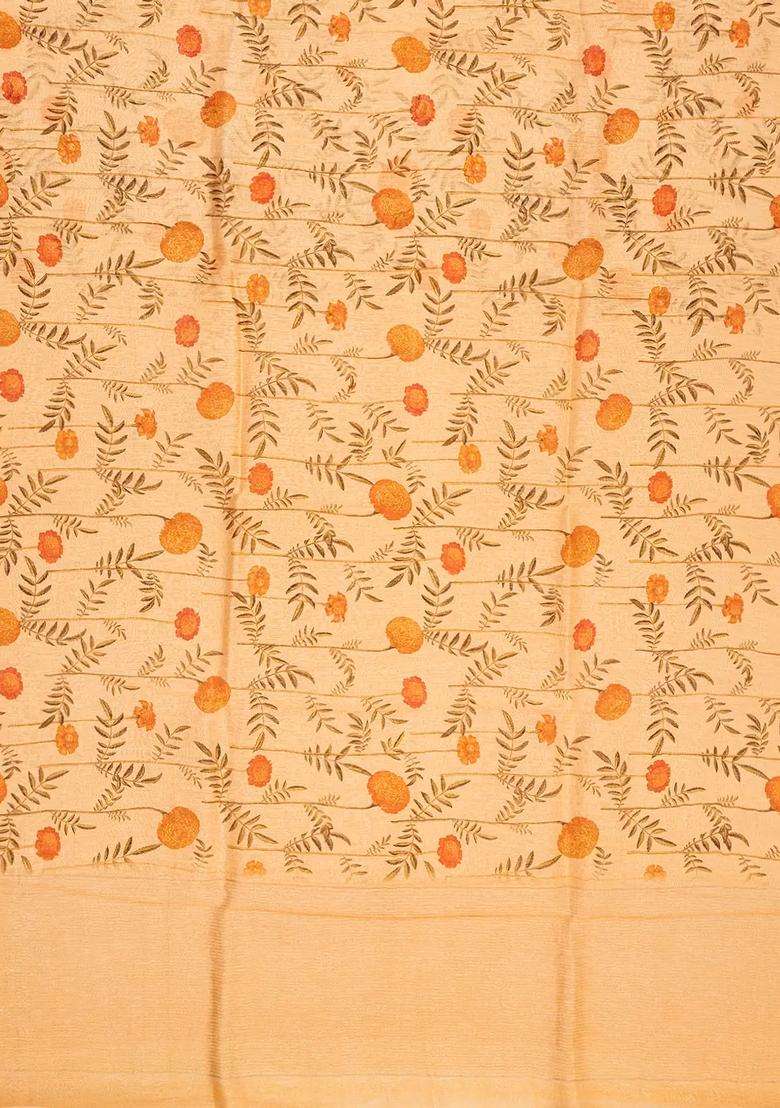 Sandal Handwoven Linen Saree Printed With Floral Motifs For Women - Indya