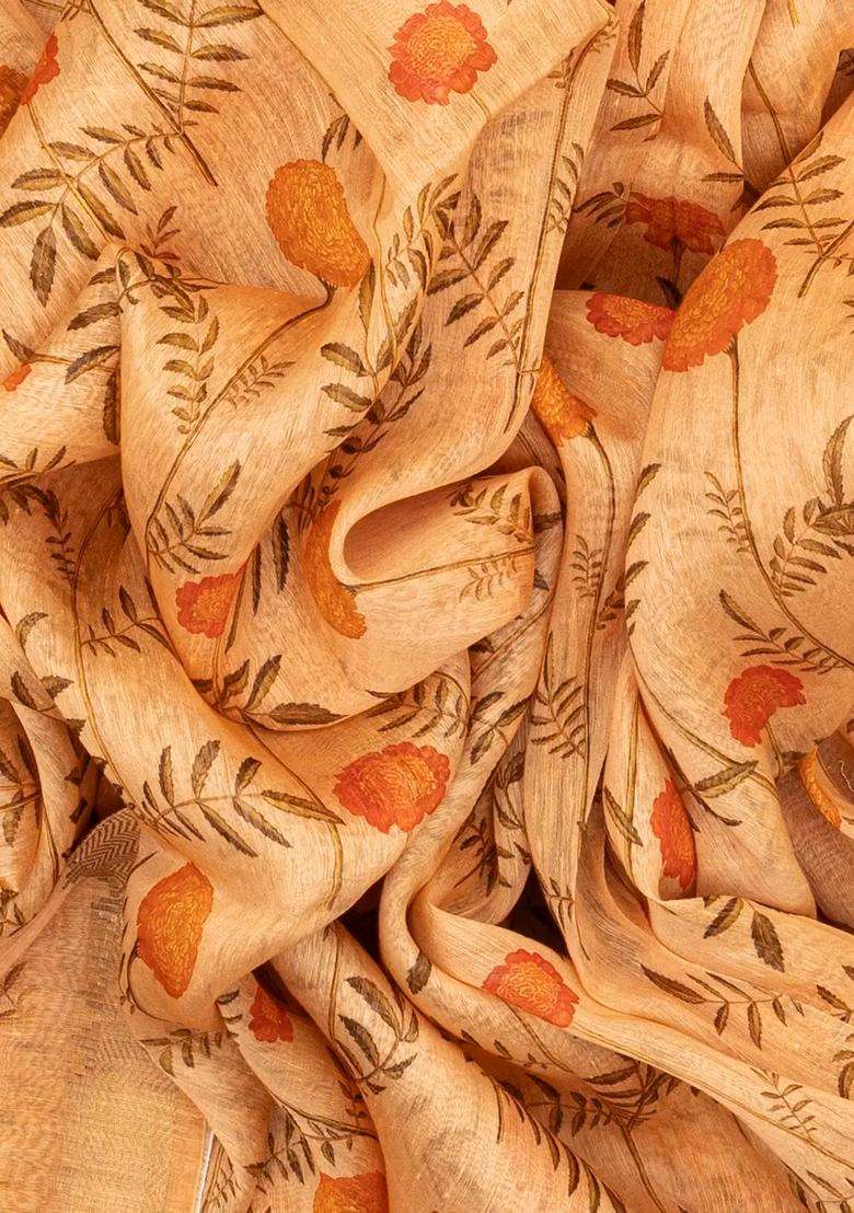 Sandal Handwoven Linen Saree Printed With Floral Motifs For Women - Indya