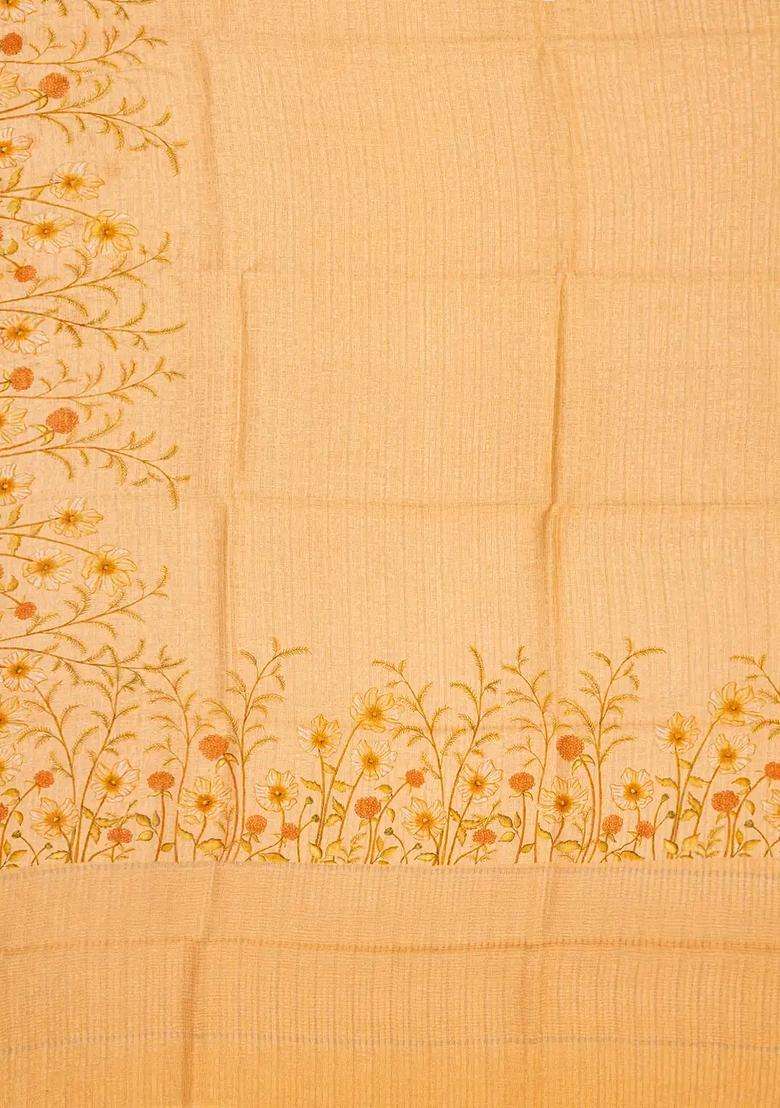 Peach Handwoven Linen Saree Printed With Floral Motifs For Women - Indya