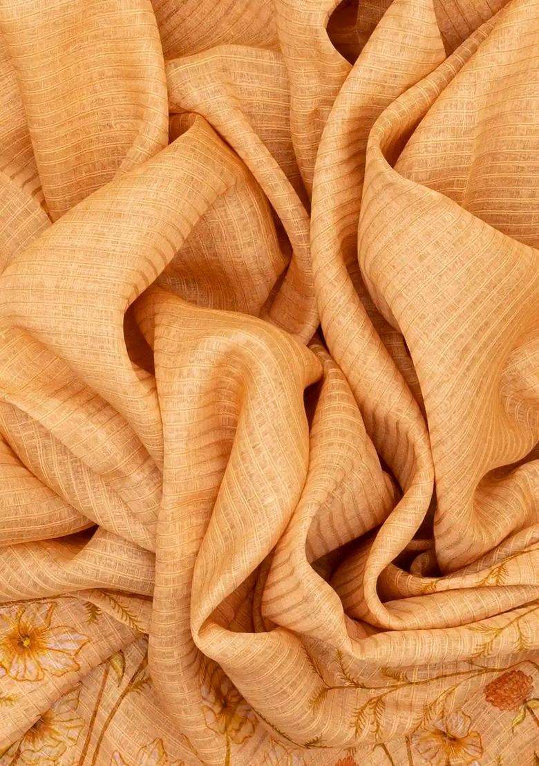 Peach Handwoven Linen Saree Printed With Floral Motifs For Women - Indya