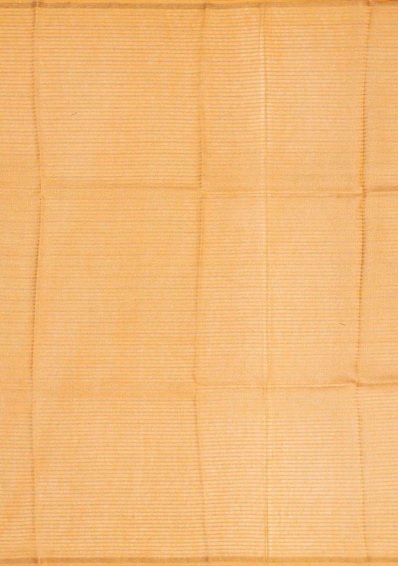 Peach Handwoven Linen Saree Printed With Floral Motifs For Women - Indya