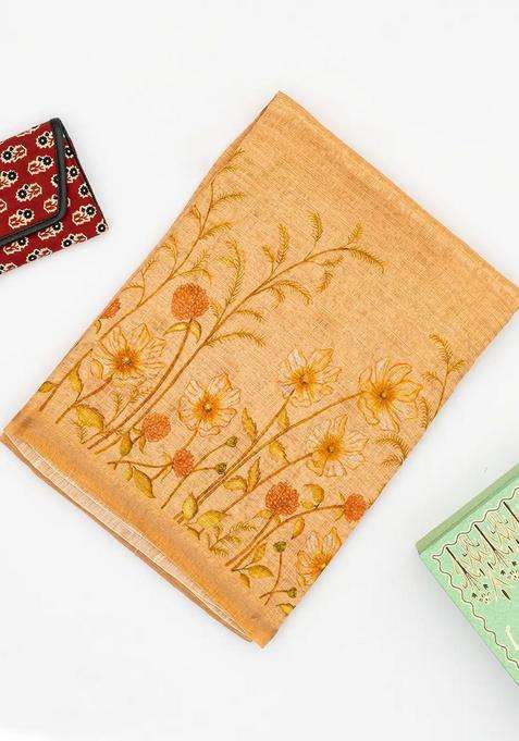 Peach Handwoven Linen Saree Printed With Floral Motifs For Women