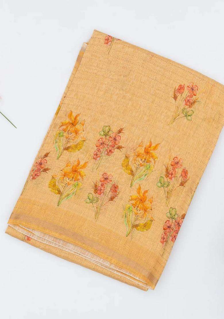 Beige Handwoven Linen Saree Printed With Flower Motifs For Women - Indya