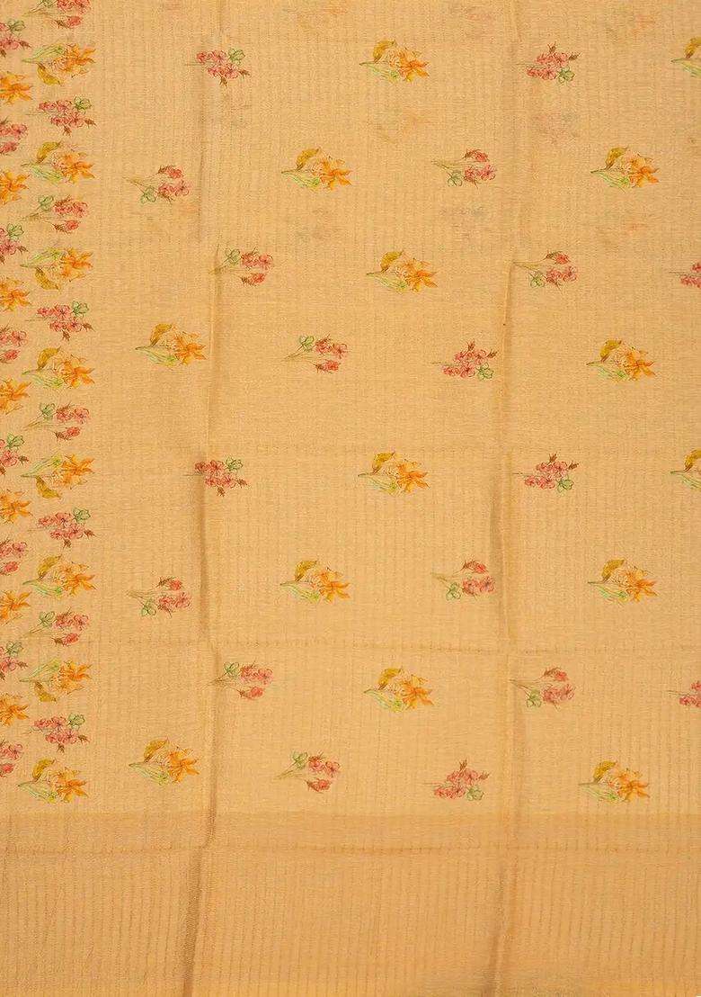 Beige Handwoven Linen Saree Printed With Flower Motifs For Women - Indya