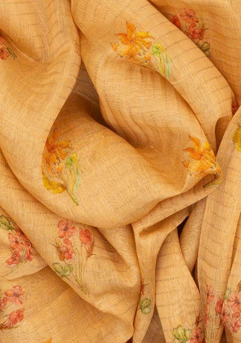 Beige Handwoven Linen Saree Printed With Flower Motifs For Women - Indya
