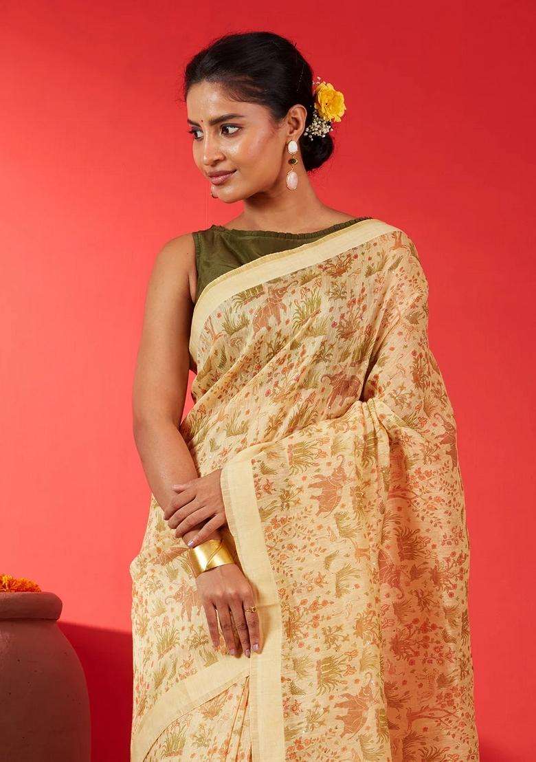 Light Yellow Handwoven Linen Saree Printed With Elephant Motifs For Women - Indya