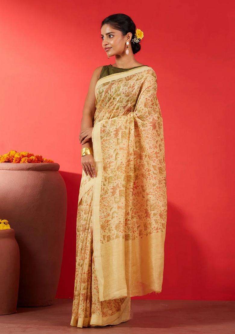 Light Yellow Handwoven Linen Saree Printed With Elephant Motifs For Women - Indya