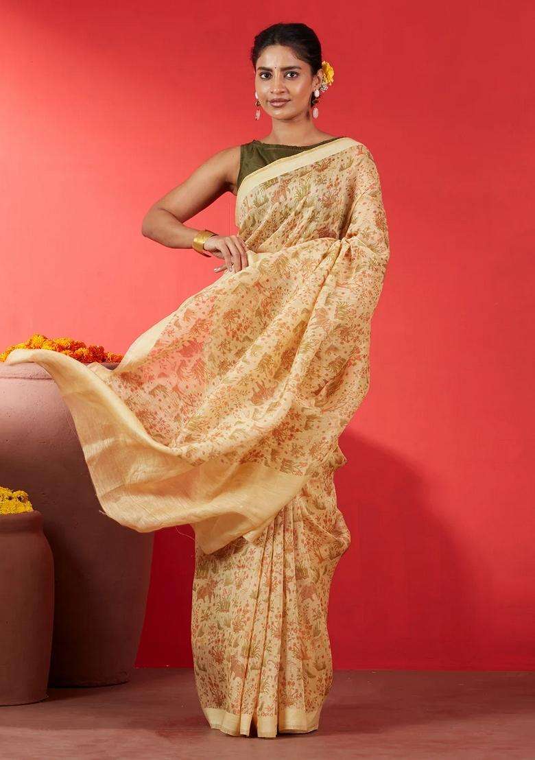 Light Yellow Handwoven Linen Saree Printed With Elephant Motifs For Women - Indya
