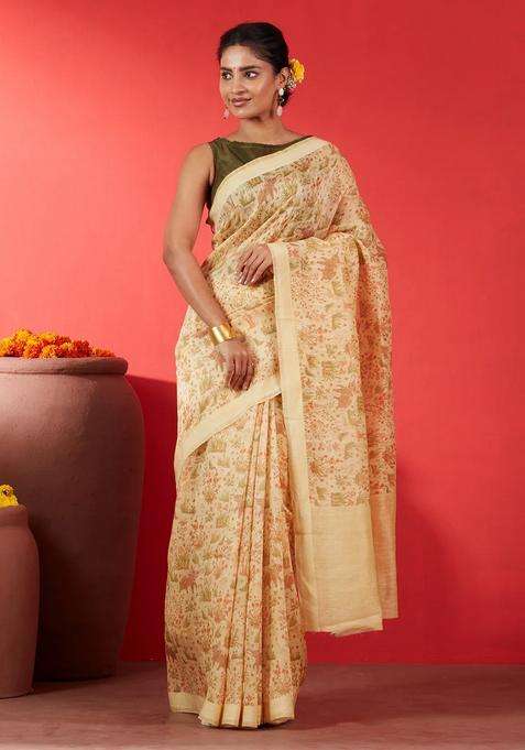 Light Yellow Handwoven Linen Saree Printed With Elephant Motifs For Women