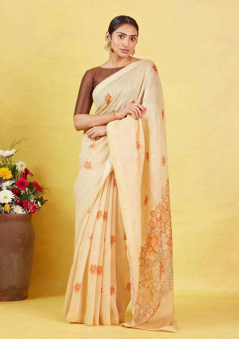 Sandal Handwoven Linen Saree With Printed Flower Motifs For Women - Indya