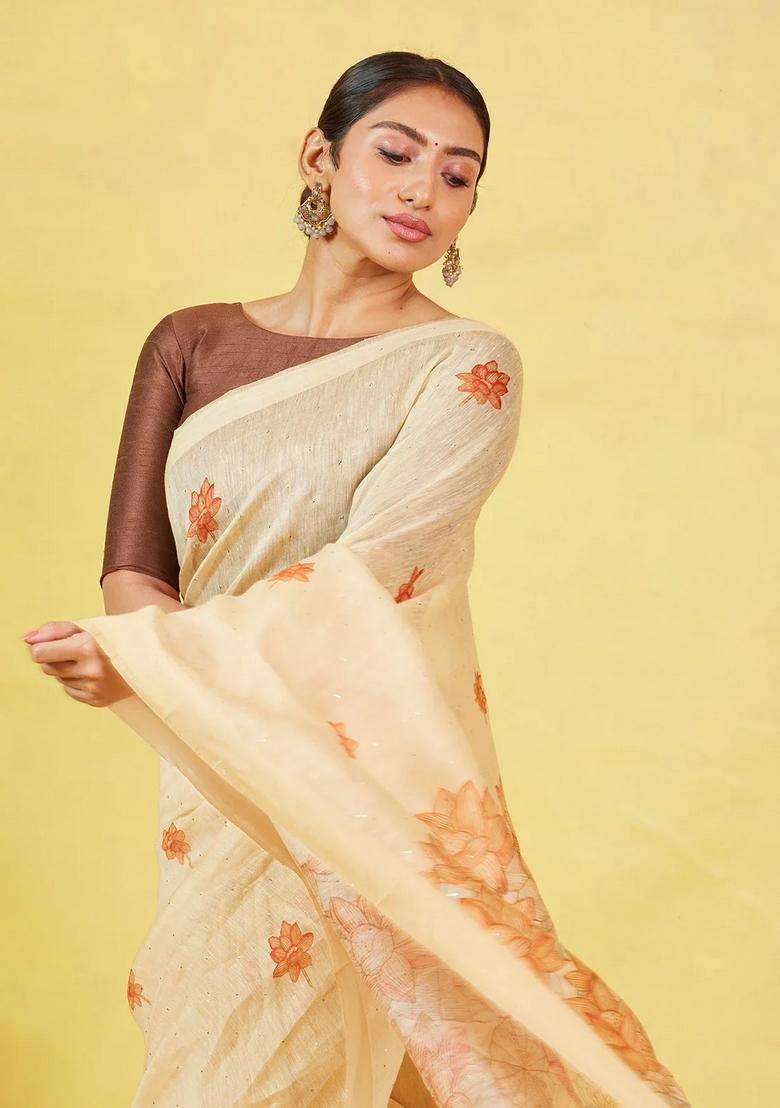 Sandal Handwoven Linen Saree With Printed Flower Motifs For Women - Indya
