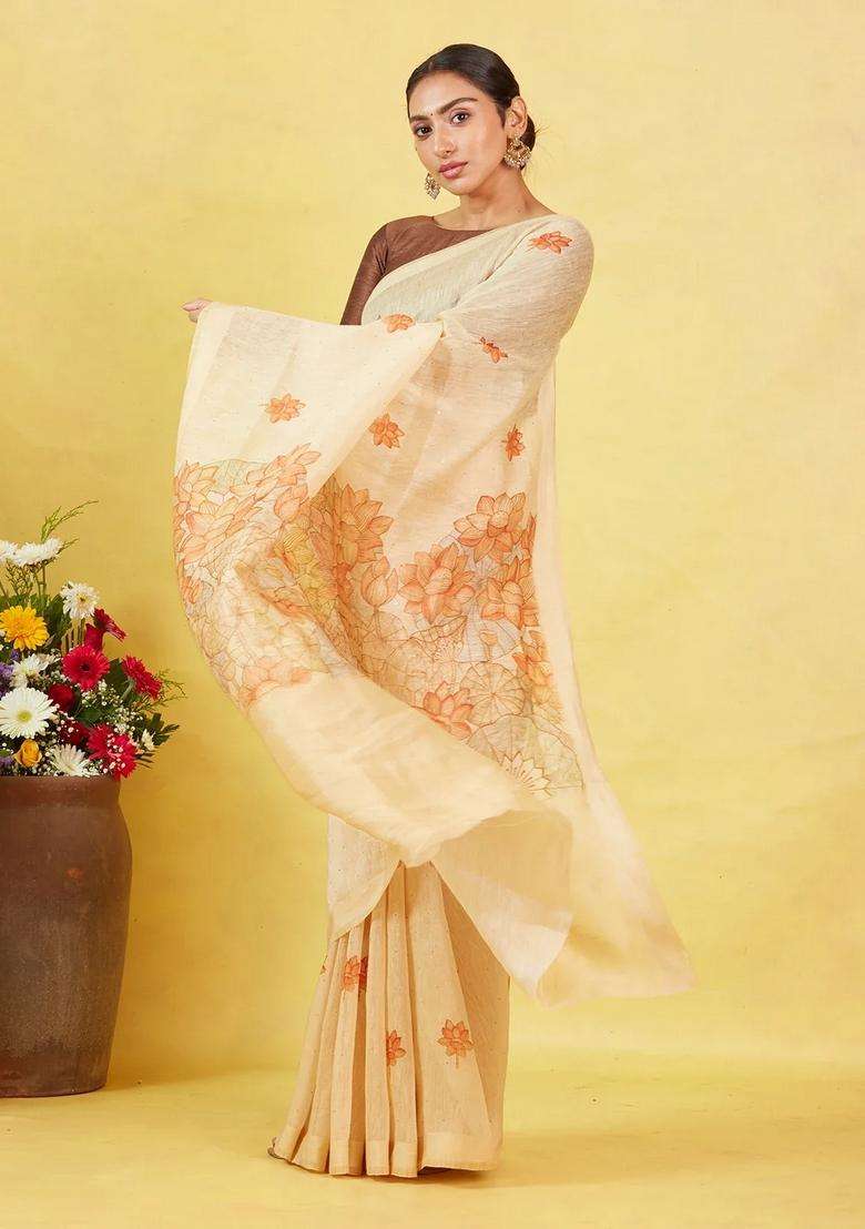 Sandal Handwoven Linen Saree With Printed Flower Motifs For Women - Indya