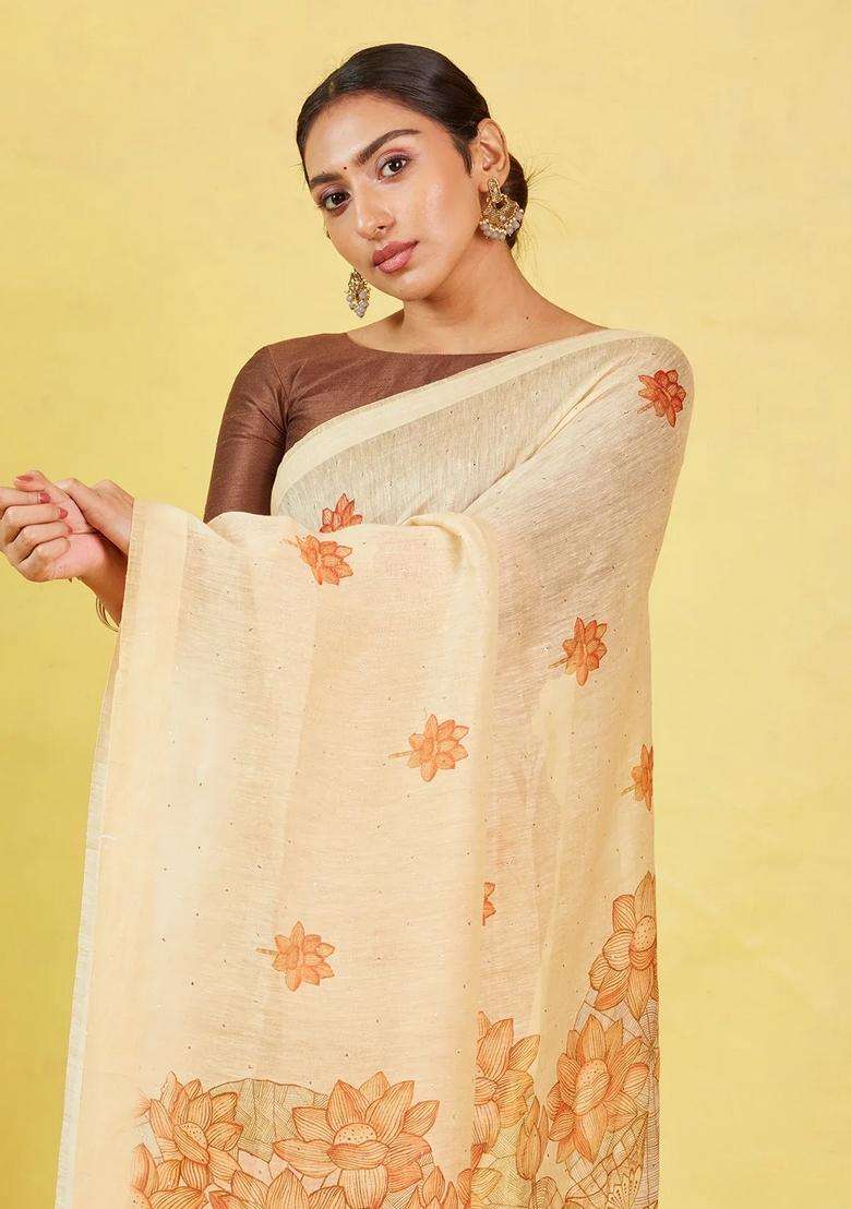 Sandal Handwoven Linen Saree With Printed Flower Motifs For Women - Indya
