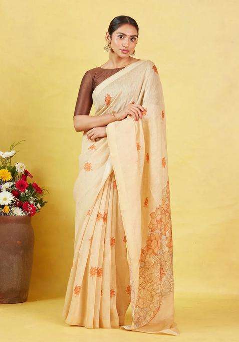 Sandal Handwoven Linen Saree With Printed Flower Motifs For Women