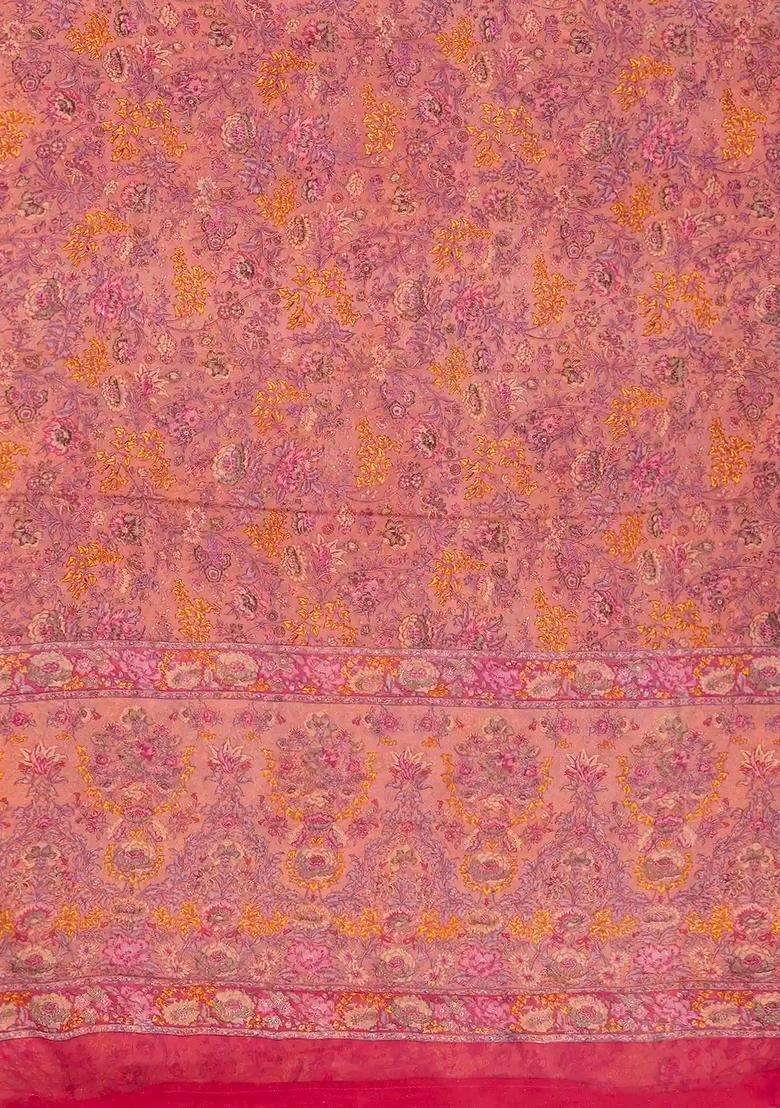 Dusty Pink Woven Digital Printed Chiffon Silk Saree With Floral Motifs For Women - Indya