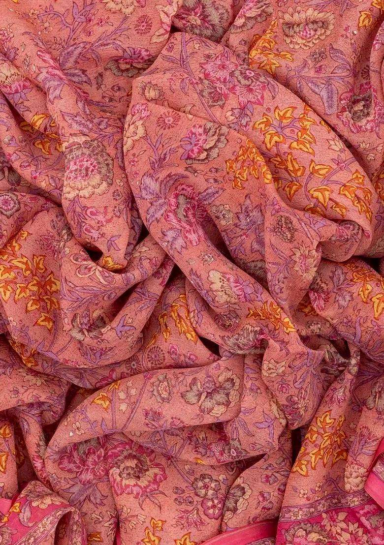 Dusty Pink Woven Digital Printed Chiffon Silk Saree With Floral Motifs For Women - Indya