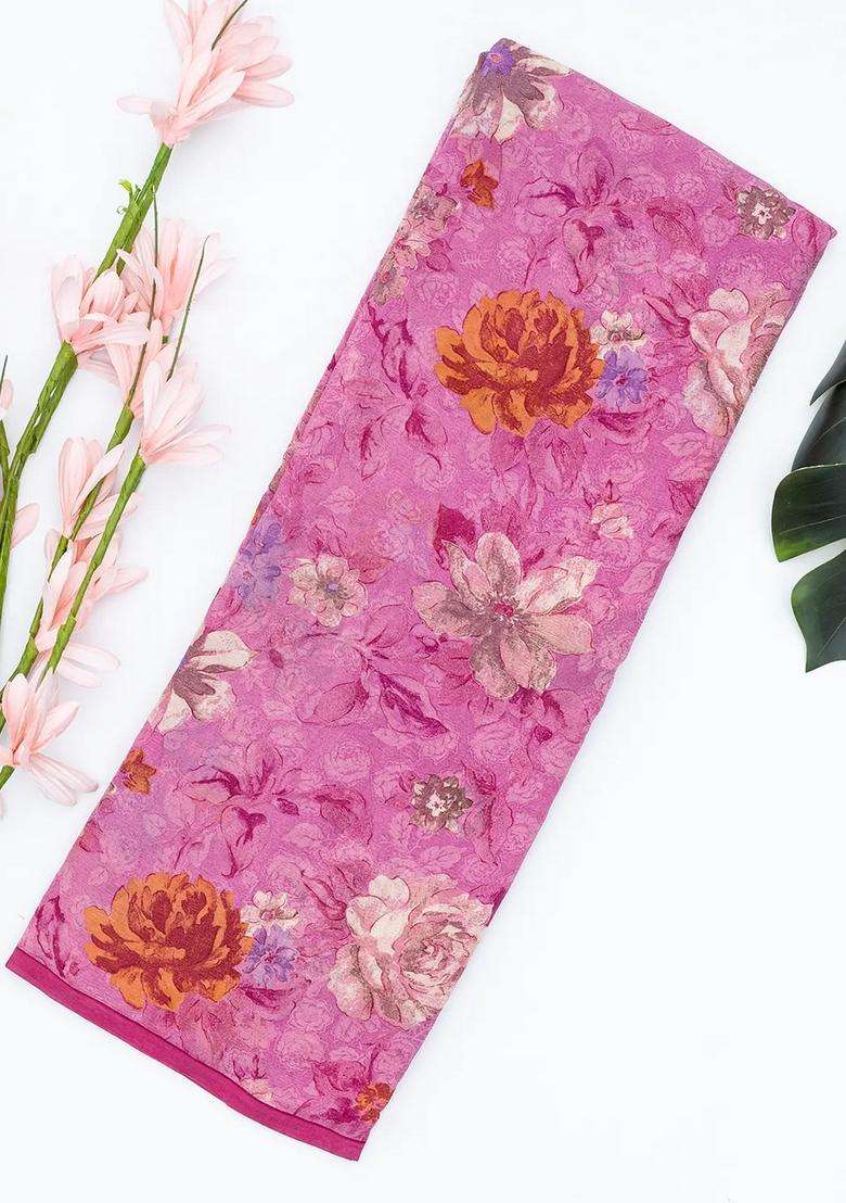 Bubblegum Pink Bubble Gum Pink Woven Digital Printed Chiffon Silk Saree With Floral Motifs For Women - Indya