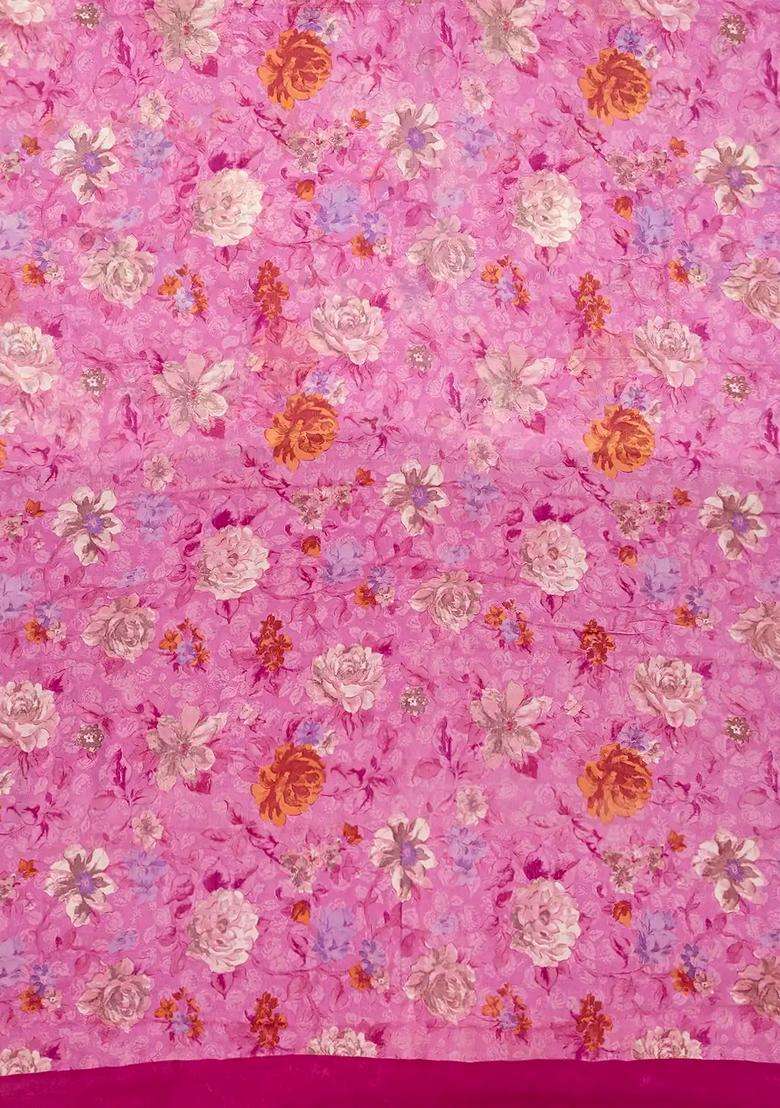 Bubblegum Pink Bubble Gum Pink Woven Digital Printed Chiffon Silk Saree With Floral Motifs For Women - Indya