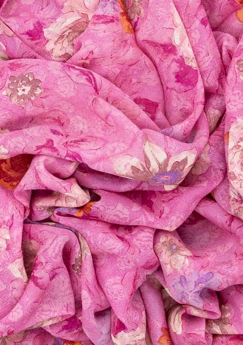 Bubblegum Pink Bubble Gum Pink Woven Digital Printed Chiffon Silk Saree With Floral Motifs For Women - Indya