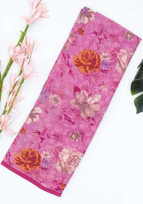 Bubblegum Pink Bubble Gum Pink Woven Digital Printed Chiffon Silk Saree With Floral Motifs For Women