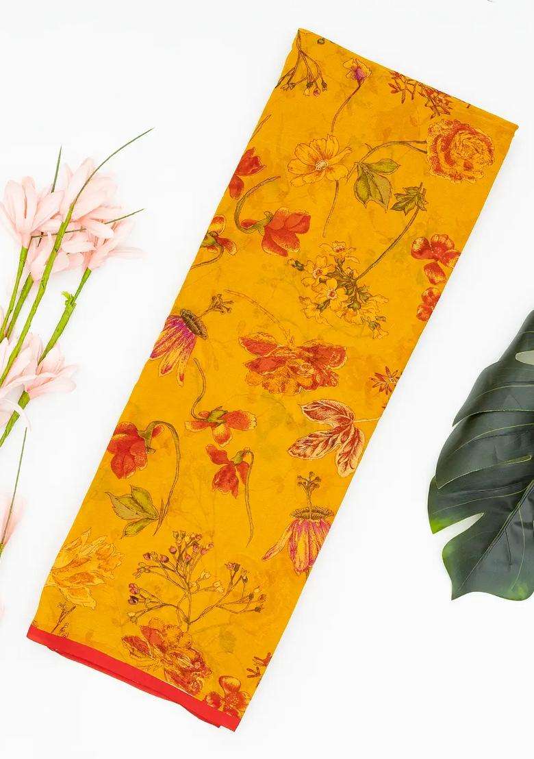 Mustard Woven Digital Printed Chiffon Silk Saree With Floral Motifs For Women - Indya