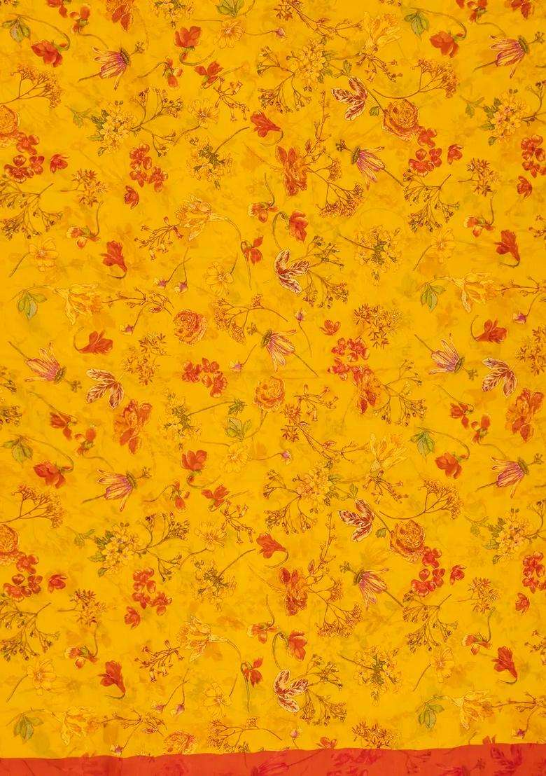 Mustard Woven Digital Printed Chiffon Silk Saree With Floral Motifs For Women - Indya