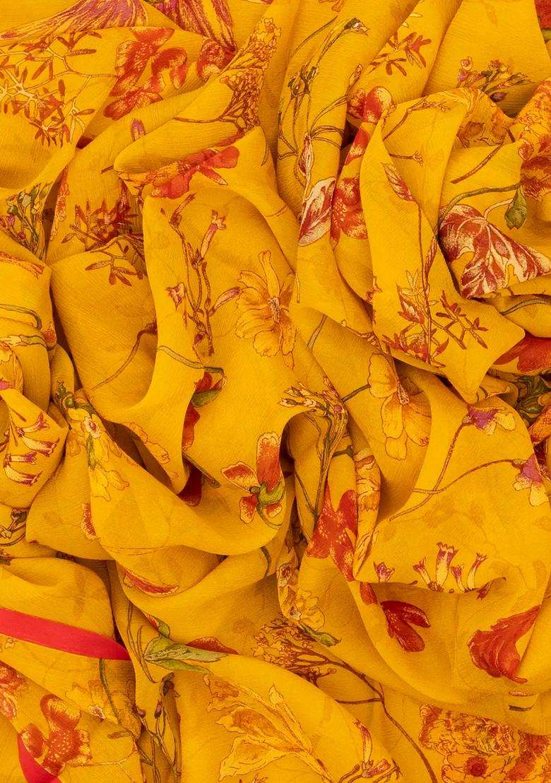 Mustard Woven Digital Printed Chiffon Silk Saree With Floral Motifs For Women - Indya