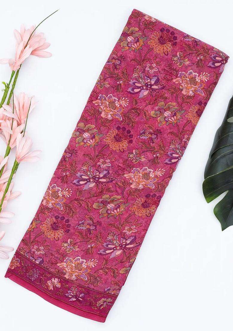 Pink Woven Digital Printed Chiffon Silk Saree With Floral Motifs For Women - Indya