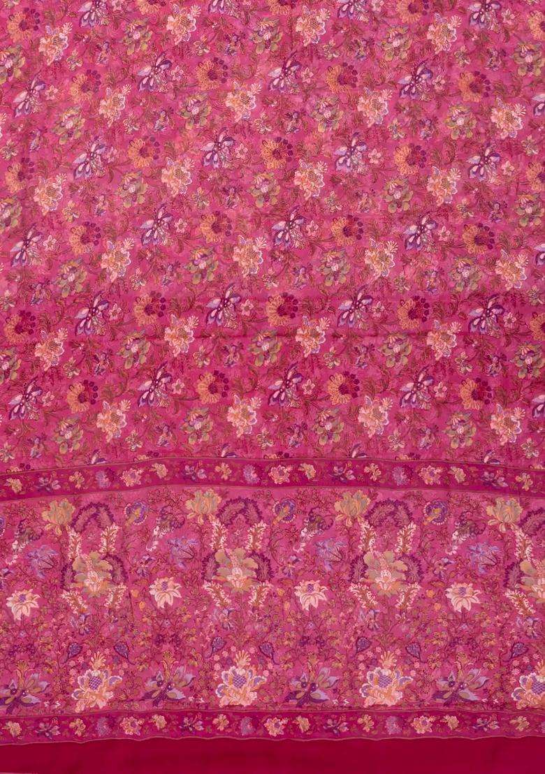 Pink Woven Digital Printed Chiffon Silk Saree With Floral Motifs For Women - Indya